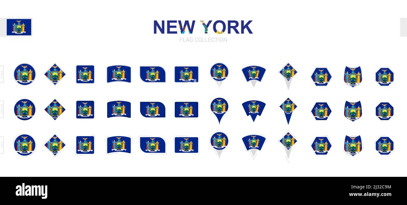 Grande collezione di bandiere di New York di varie forme ed effetti. Grande set di flag vettoriali. Illustrazione Vettoriale