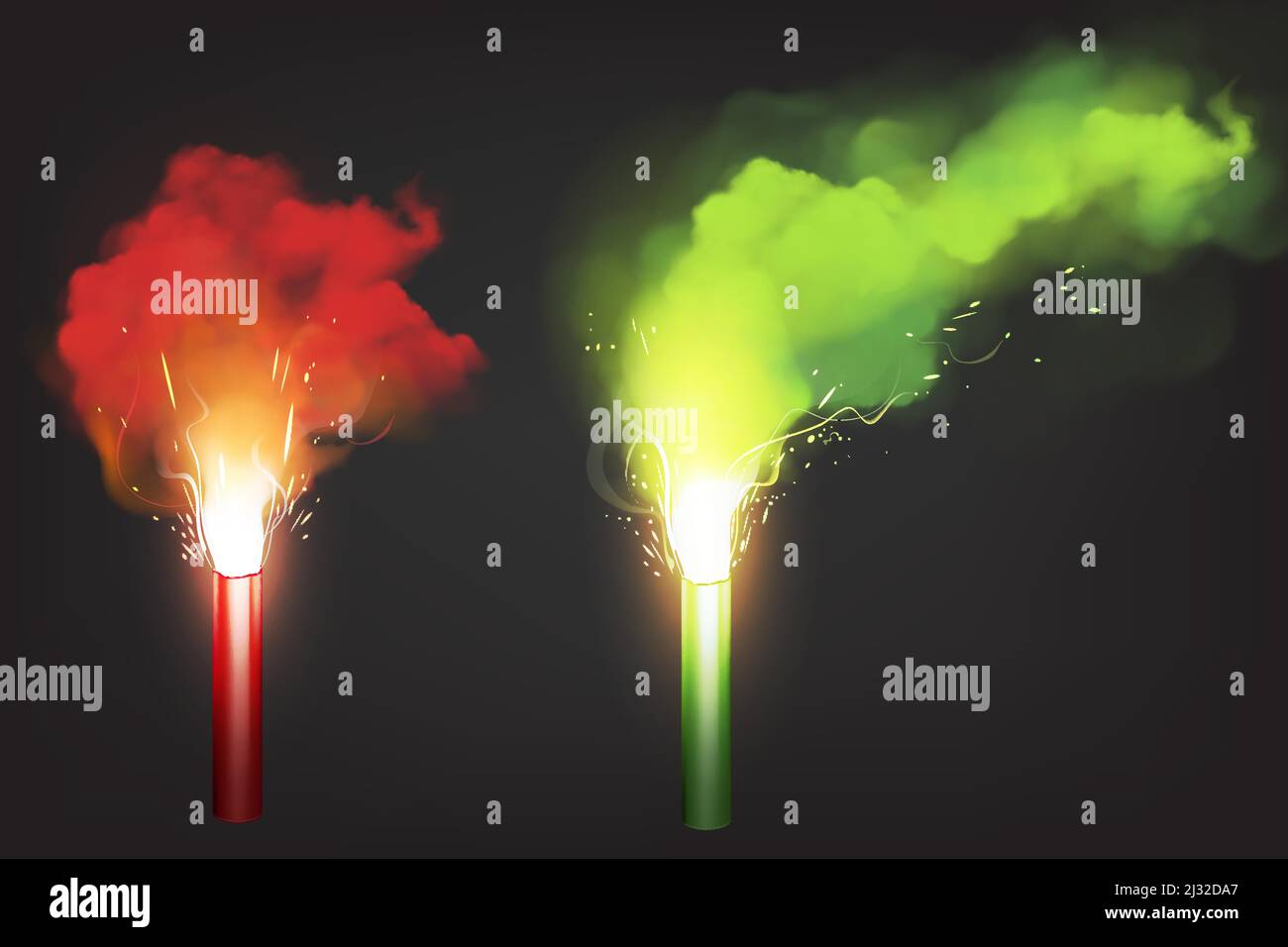 Bruciare il rosso e il verde, spia di emergenza su strada o in mare. Torcia vettoriale ad incandescenza realistica con scintille e fumo colorato isolato sul retro nero Illustrazione Vettoriale