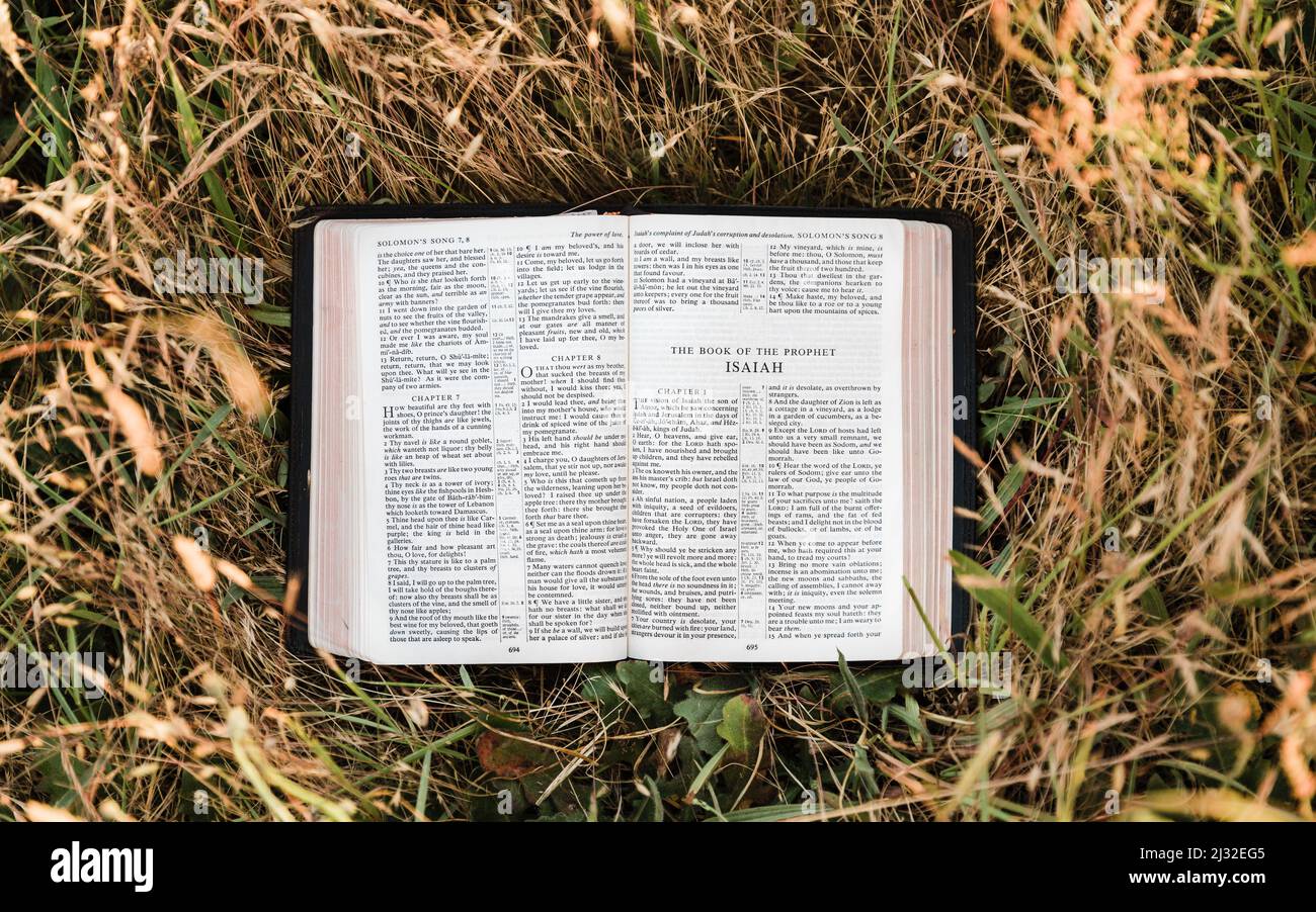 La sacra bibbia cristiana si apre in un caldo campo soleggiato al libro di Isaia, un libro dei profeti nel vecchio testamento Foto Stock