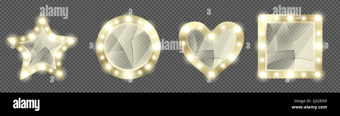 Specchi da trucco rotti in cornice d'oro con lampadine. Specchi vettoriali realistici rotondi, quadrati, a forma di cuore e stella per spogliatoi con vetro fessurato Illustrazione Vettoriale