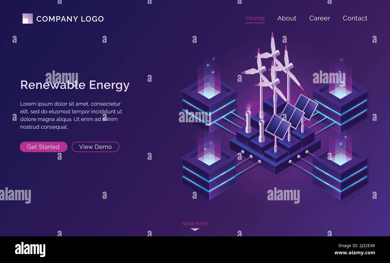 Energia pulita, moderna pagina di destinazione isometrica per la progettazione energetica. Fonti rinnovabili energia ecologicamente alternativa, stazione meteorologica con mulini a vento a. Illustrazione Vettoriale