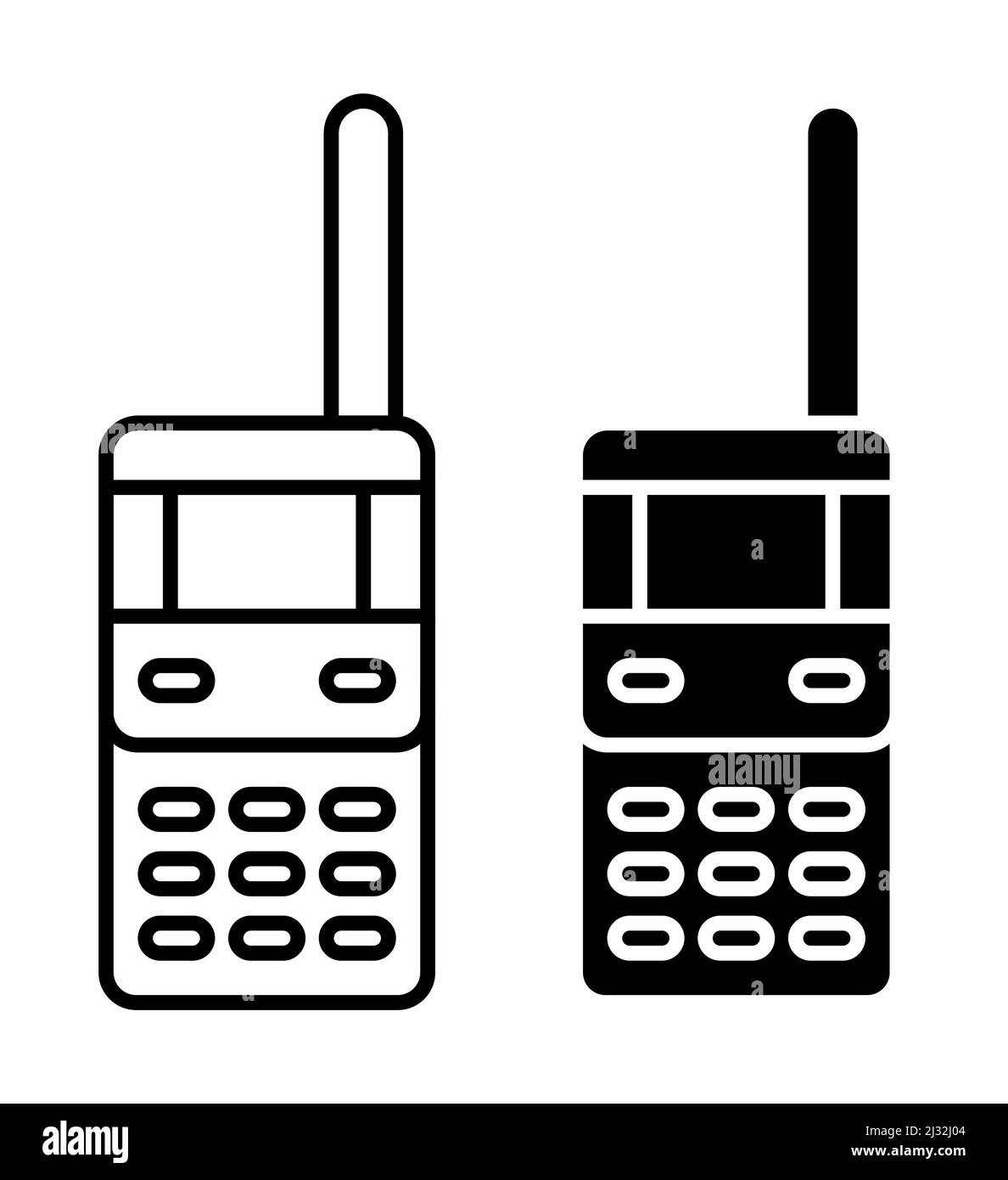 Icona lineare, stazione radio da tenere in contatto. Wireless walkie talkie di guardia di sicurezza, soldato. Semplice vettore bianco e nero isolato su fondo bianco Illustrazione Vettoriale