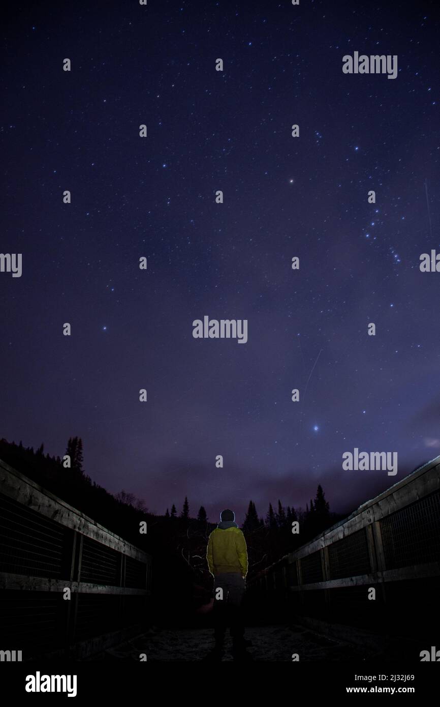 Un bel colpo di un uomo che fissava il cielo stellato Foto Stock