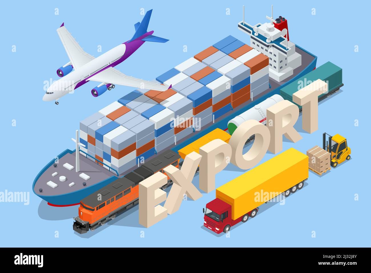 Rete logistica globale isometrica , Ocean Freight, rete globale, esperienza di spedizione, servizi end-to-end, Concetto di tecnologia intelligente a livello globale Illustrazione Vettoriale