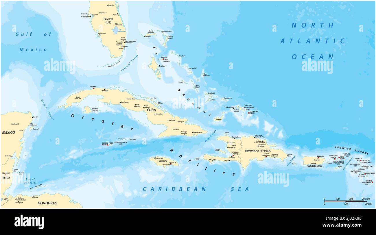 Mappa vettoriale politica delle Antille maggiori con etichettatura inglese Illustrazione Vettoriale