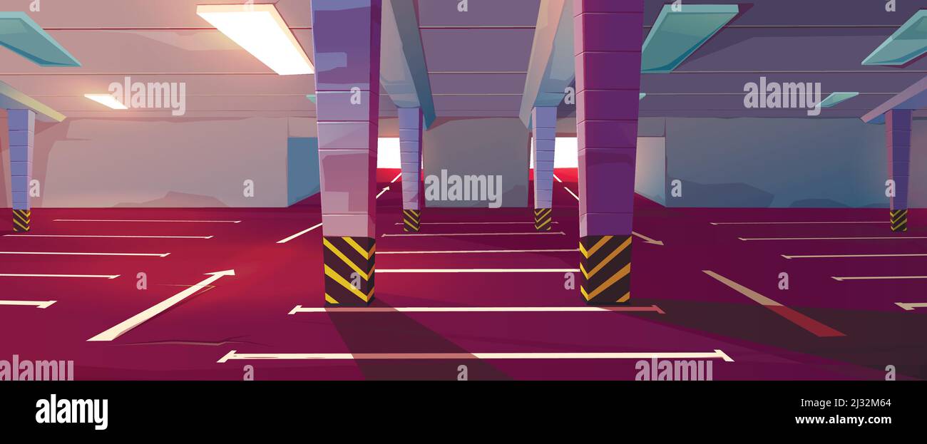 Parcheggio sotterraneo. Garage sotterraneo vuoto con colonne, segnaletica stradale lotti per automobili e frecce guida in corridoio. Interno cartoon vettoriale Illustrazione Vettoriale