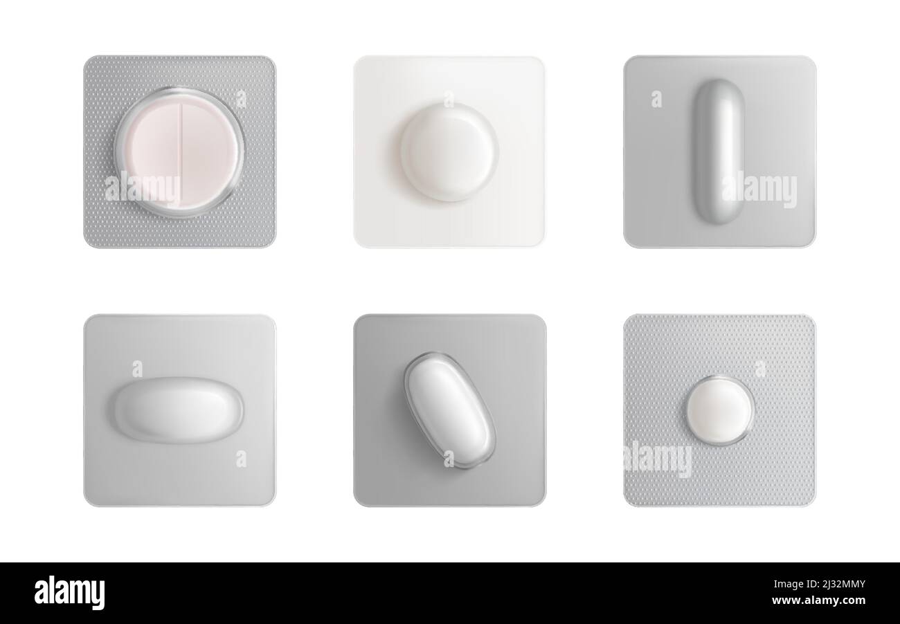 Confezione blister, compresse e capsule di medicina simulano isolato su sfondo bianco. Painkiller Remedy elementi di progettazione pacchetto per la pubblicità Illustrazione Vettoriale