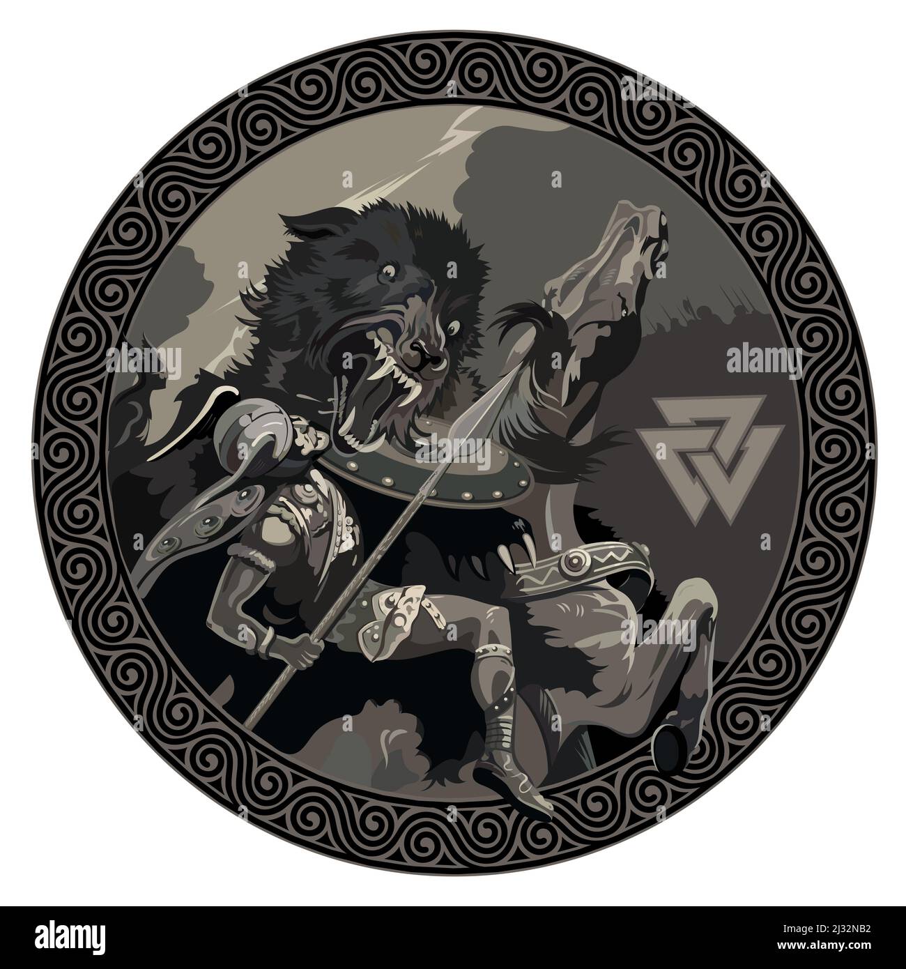 Ragnarok. Battaglia del Dio Odin con il lupo Fenrir. Illustrazione della mitologia norrena Illustrazione Vettoriale