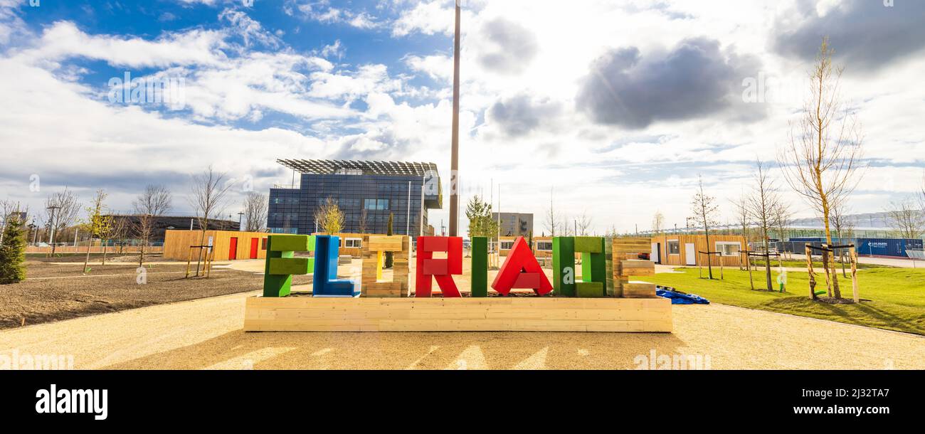 Almere, Paesi Bassi - 3 aprile 2022: Cartello d'ingresso Floriade Expo 2022 città verdi in crescita ad Almere Amsterdam Paesi Bassi Foto Stock