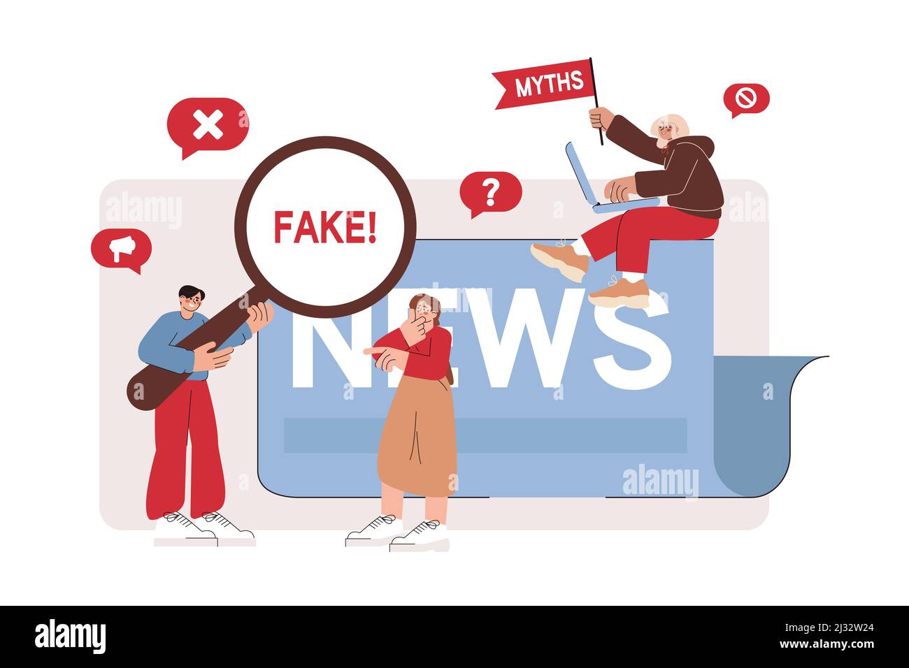 Flat People scansione false notizie pubblicate in social network e hoax informazioni su internet, stampa di media. Uomo con lente d'ingrandimento che controlla fatti falsi, miti. Propaganda o disinformazione online Illustrazione Vettoriale