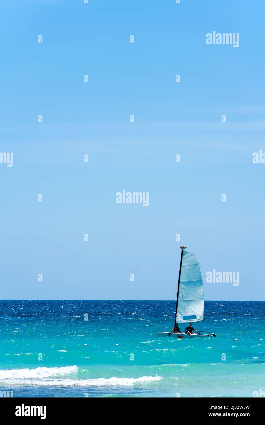 Bella stagcape, una barca con una vela bianca sulle onde turchesi. Mare esotico caraibico e cielo blu chiaro. Navigazione e vela. Foto di alta qualità Foto Stock