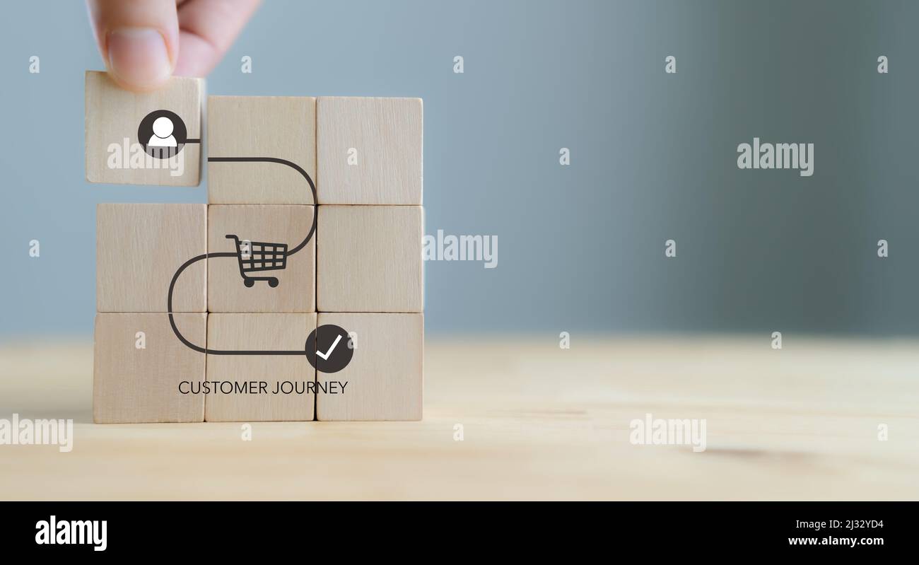 Concetto di viaggio del cliente su cubi di legno su sfondo grigio. Marketing aziendale e social media, marketing di contenuti, acquisto, narrazione, seo, awa Foto Stock