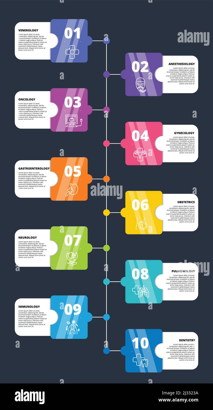 Modello medico infografico. Icone in colori diversi. Includere Venerologia, Anestesiologia, Oncologia, Ginecologia e altri. Illustrazione Vettoriale