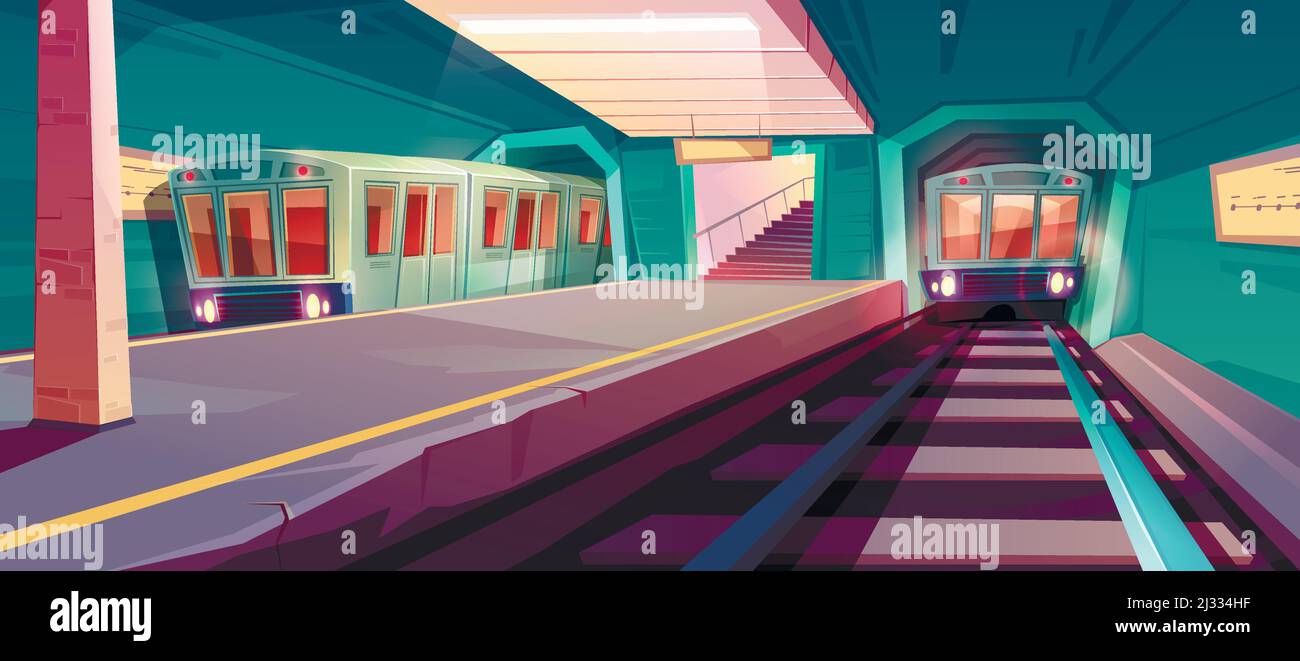Stazione della metropolitana, arrivo in treno a binario della metropolitana vuoto dal tunnel sotterraneo. Cartoni animati vettoriali illustrazione dell'interno della metropolitana con ferrovia e pubblico Illustrazione Vettoriale