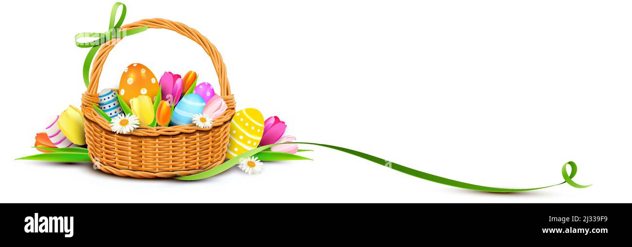 Cestino di Pasqua con uova colorate dipinte, fiori di tulipano e nastro verde Illustrazione Vettoriale