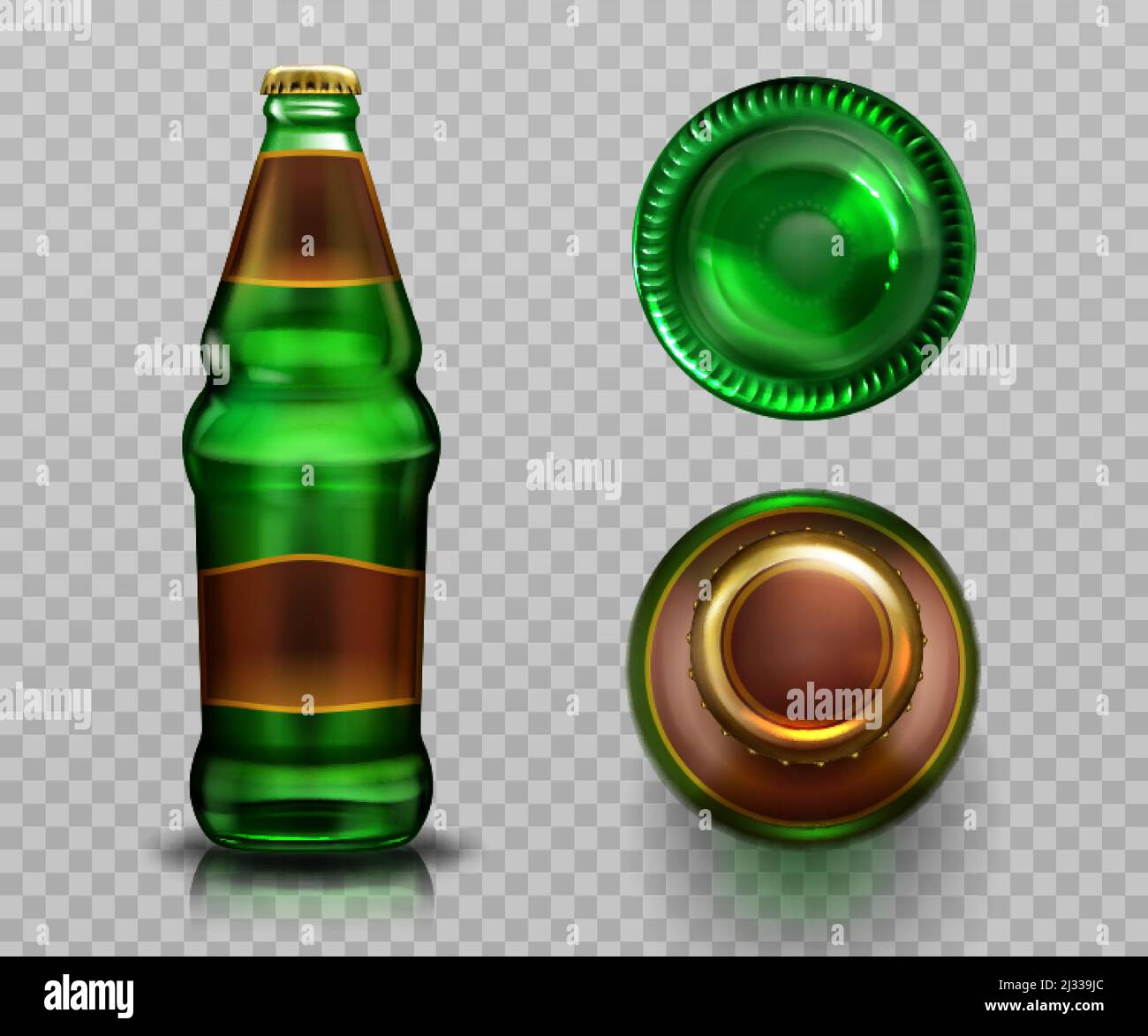Vista dall'alto e dal basso della bottiglia di birra, bevanda alcolica in un pallone di vetro verde con tappo in metallo chiuso in labek bianco e liquido isolato su sfondo trasparente, Illustrazione Vettoriale