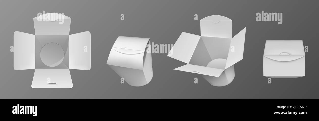 Scatola bianca vuota di wok, confezione di carta per cibo cinese, spaghetti o riso con pollo. Vettore realistico mockup di scatole da asporto chiuse e aperte di fronte Illustrazione Vettoriale