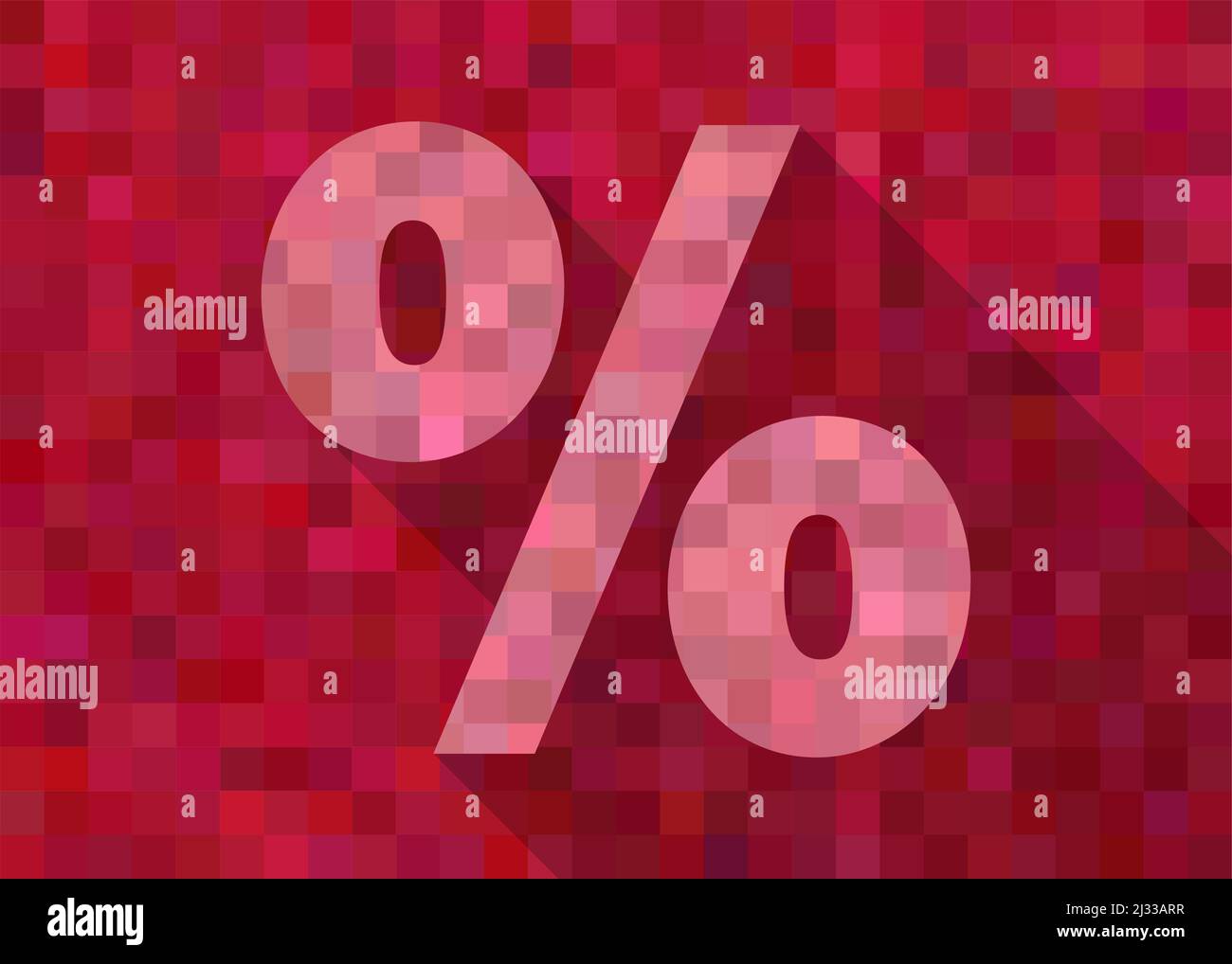 Vendita o SEGNO DI SCONTO rosso astratto pixelated con simbolo di percentuale, illustrazione vettoriale Illustrazione Vettoriale