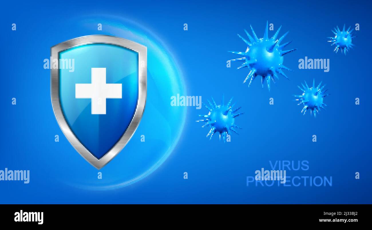 Banner di protezione antivirus con schermo, croce e batteri cellule piked volare su sfondo blu. Anti batterico o germe difesa, sistema immunitario proteggere m Illustrazione Vettoriale