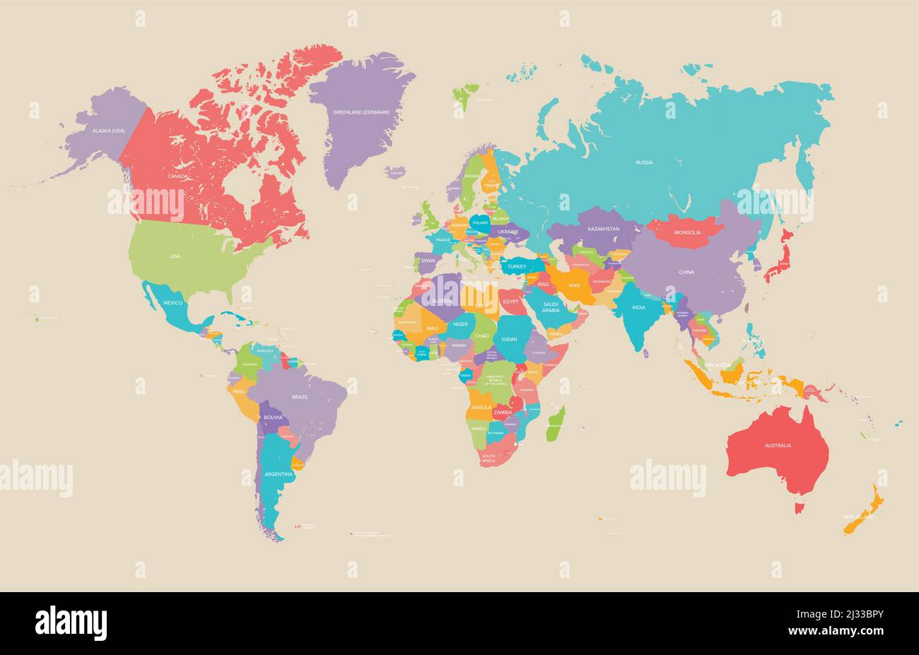 Mappa della terra politica mondiale in colori retrò, illustrazione vettoriale. Illustrazione Vettoriale