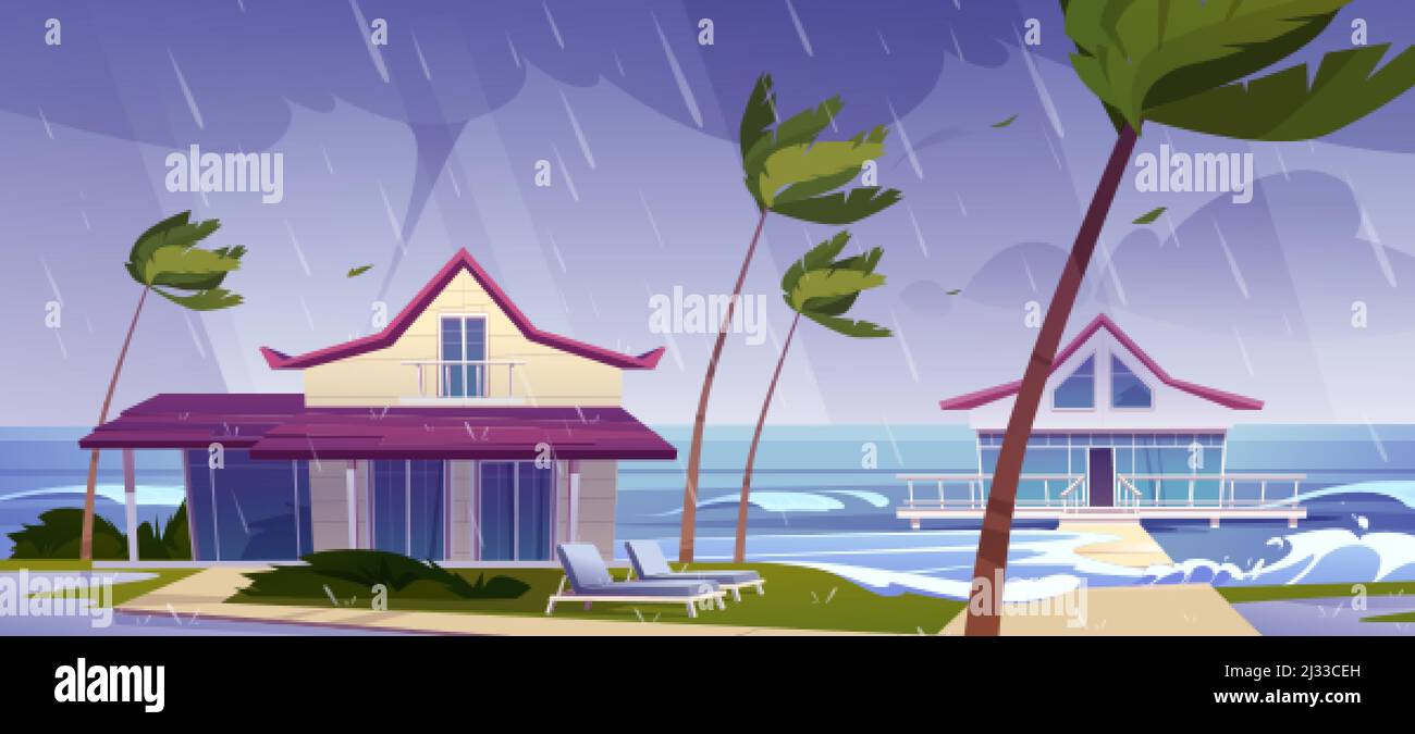 Tempesta di mare con pioggia e tornado sulla spiaggia tropicale con bungalow e palme. Vettore cartoon paesaggio di oceano tempestoso con onde, ville sulla costa, Illustrazione Vettoriale