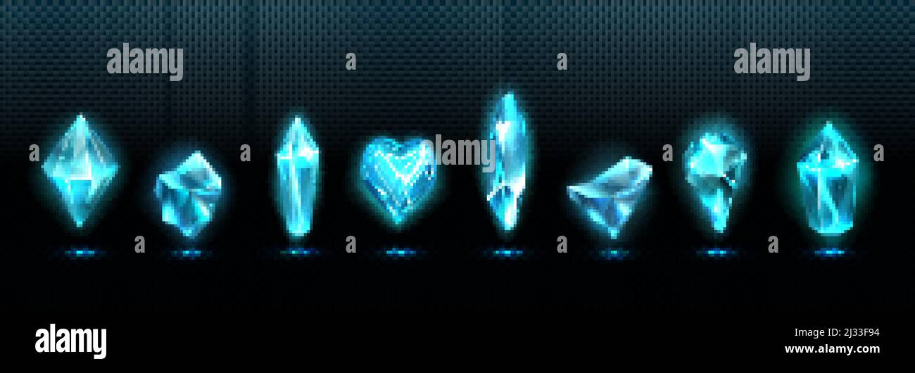 Pietre preziose color smeraldo, cristalli di vetro blu lucido isolati su sfondo trasparente. Set vettoriale realistico di gemma incandescente in forma di cuore e grido Illustrazione Vettoriale