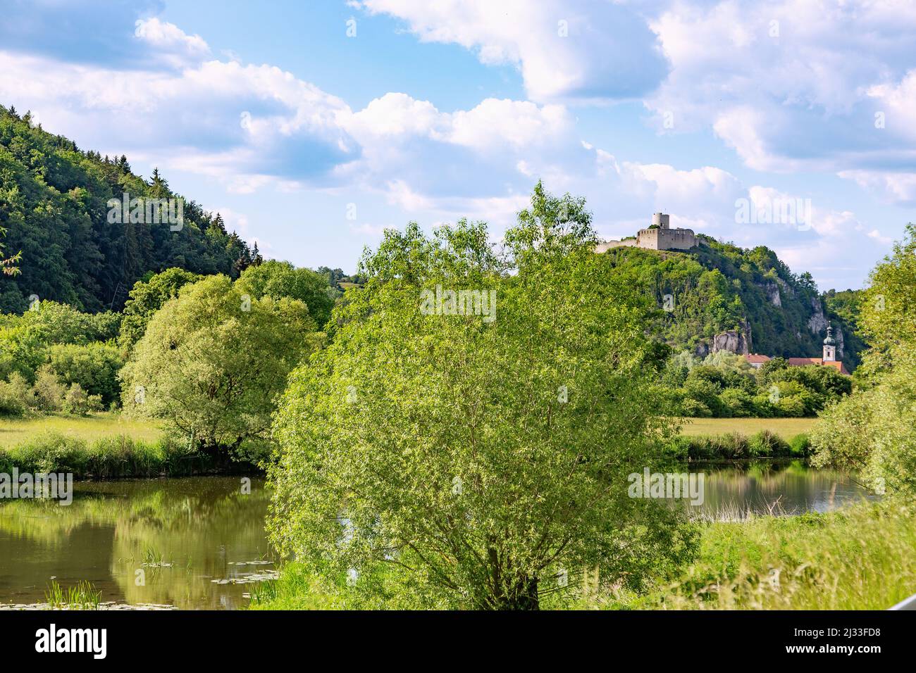 Kallmünz, rovine del castello di Kallmünz, Naab; valle di Naab Foto Stock