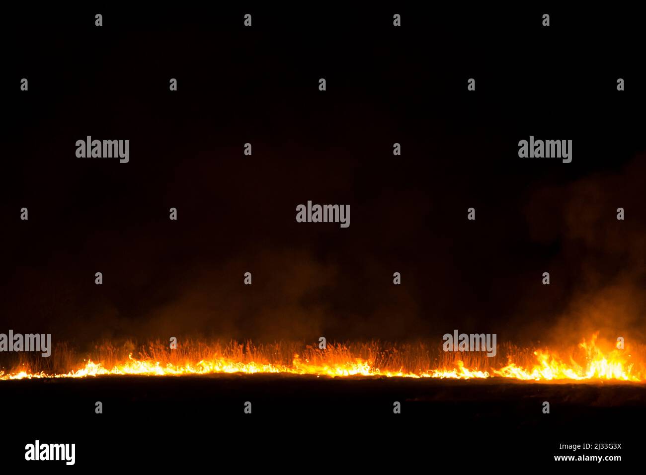 Fuoco di notte, che brucia la fattoria di notte, fumo che sale nell'aria Foto Stock