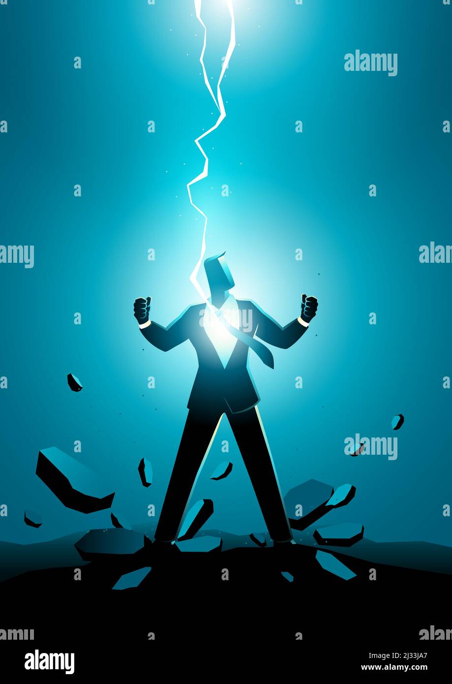 Uomo d'affari elettricamente caricato da thunder sciopero, vettore illustrazione di accensione Illustrazione Vettoriale