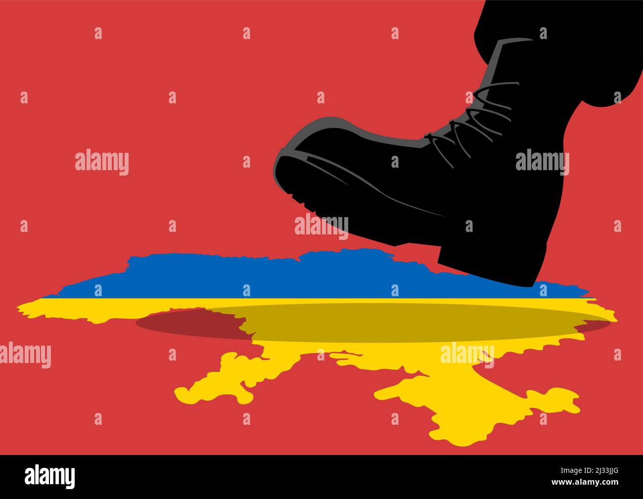 Illustrazione vettoriale di un gigantesco stivale militare calpestando la mappa Ucraina, invasione, conflitto, sotto pressione, concetto di guerra Illustrazione Vettoriale