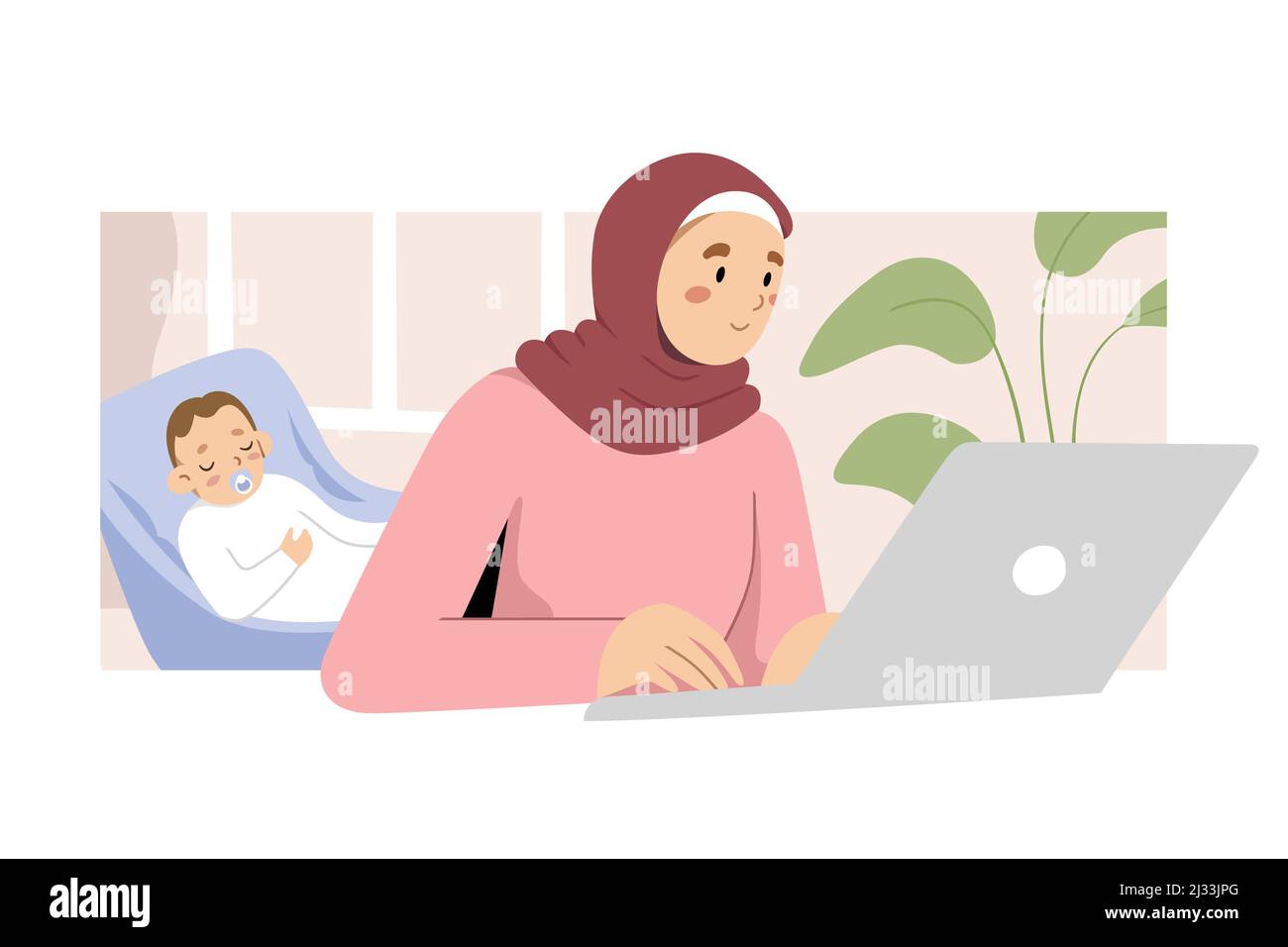 Madre musulmana freelance che lavora in ufficio a casa usando il laptop mentre il suo bambino sta dormendo, concetto di lavoro di piccola impresa o freelance remoto, arte vettoriale Illustrazione Vettoriale