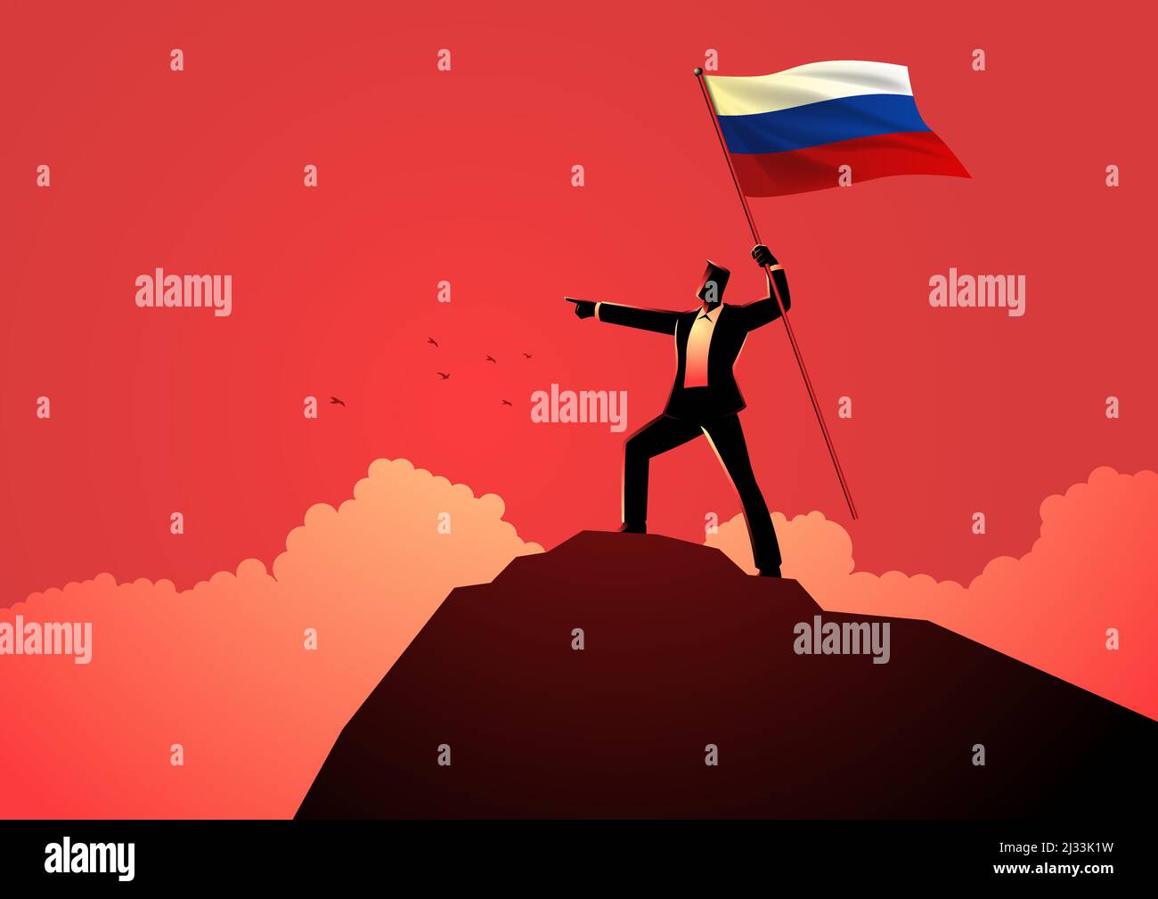 Illustrazione vettoriale di un uomo ottimisticamente in piedi sulla cima di una montagna che detiene la bandiera della Russia Illustrazione Vettoriale