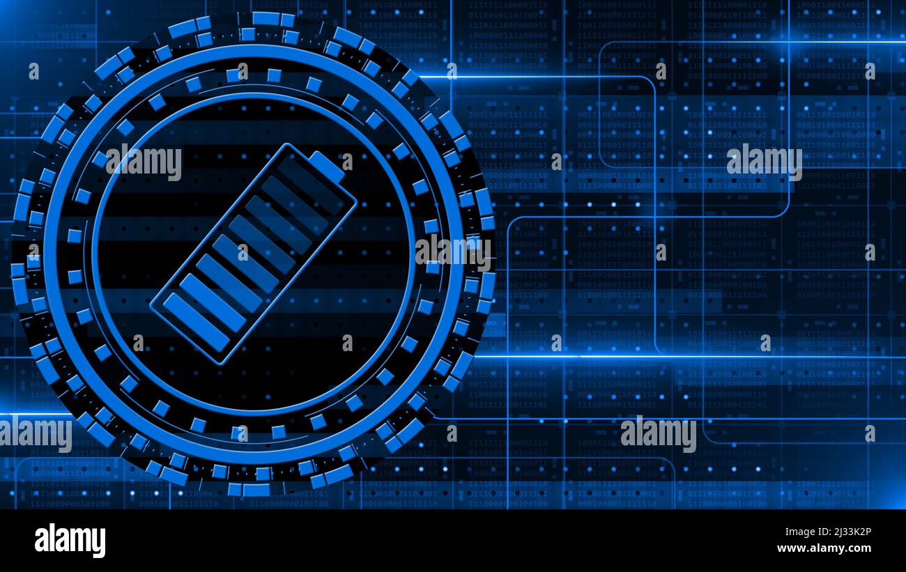 Concetto di energia elettrica e fonte di alimentazione - batteria dell'accumulatore nel livello di carica al centro degli elementi grafici su blocchi di codice binario Foto Stock