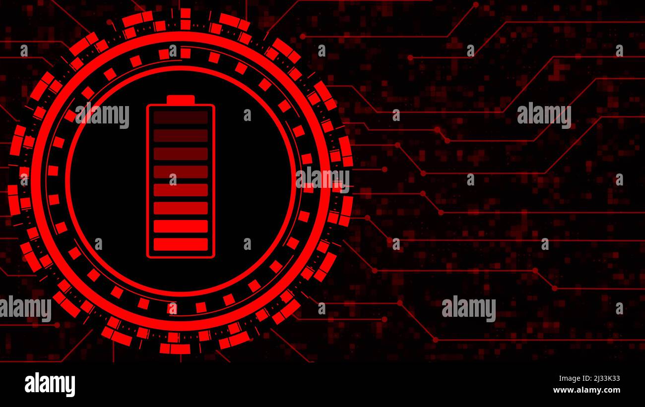 Concetto di energia elettrica e fonte di alimentazione - batteria dell'accumulatore nel livello di carica al centro di vari elementi grafici sulla tecnologia digitale Foto Stock