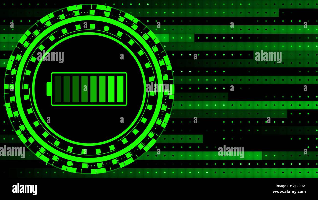 Concetto di energia elettrica e fonte di alimentazione - batteria dell'accumulatore in carica su sfondo grafico astratto di blocchi quadrati verdi Foto Stock