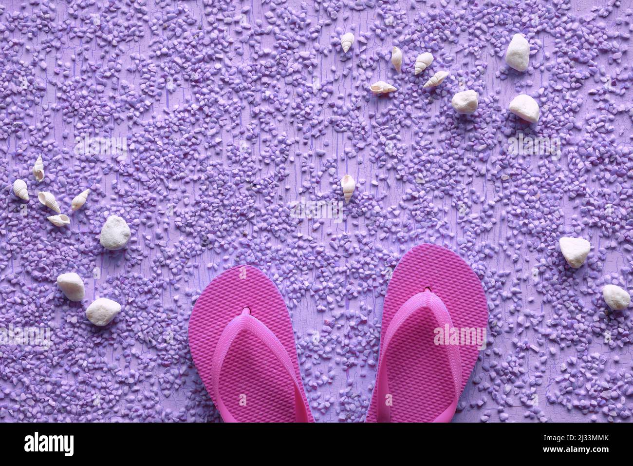 Estate al mare. Infradito in gomma magenta, pantofole su ciottoli con conchiglie e ciottoli, studio concept. Sfondo viola con texture, posto per il testo. Foto Stock