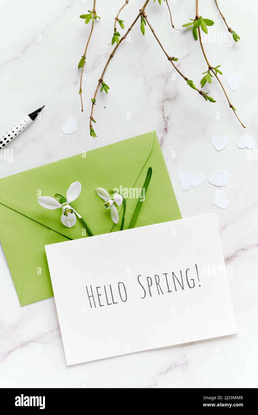 Texte sur Hello Spring. Sfondo primaverile in tonalità di verde. Busta di carta con biglietto d'auguri. Rametti primaverili con foglie fresche su marmo bianco. Foto Stock