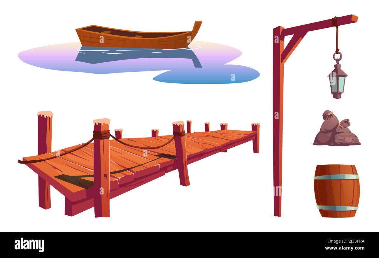 Vecchio molo in legno sul fiume, mare o lago, superficie d'acqua con barca, palo con lanterna, barile, sacchi isolati su sfondo bianco. Set di cartoni animati vettoriali, whar Illustrazione Vettoriale