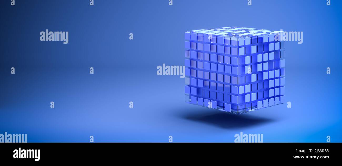 Analisi dei dati - cubo dei dati - concetto dei big data. Un'immagine astratta di un cubo con piastrelle blu e vetro attaccate con il passare del mouse su uno sfondo blu senza giunture. Foto Stock