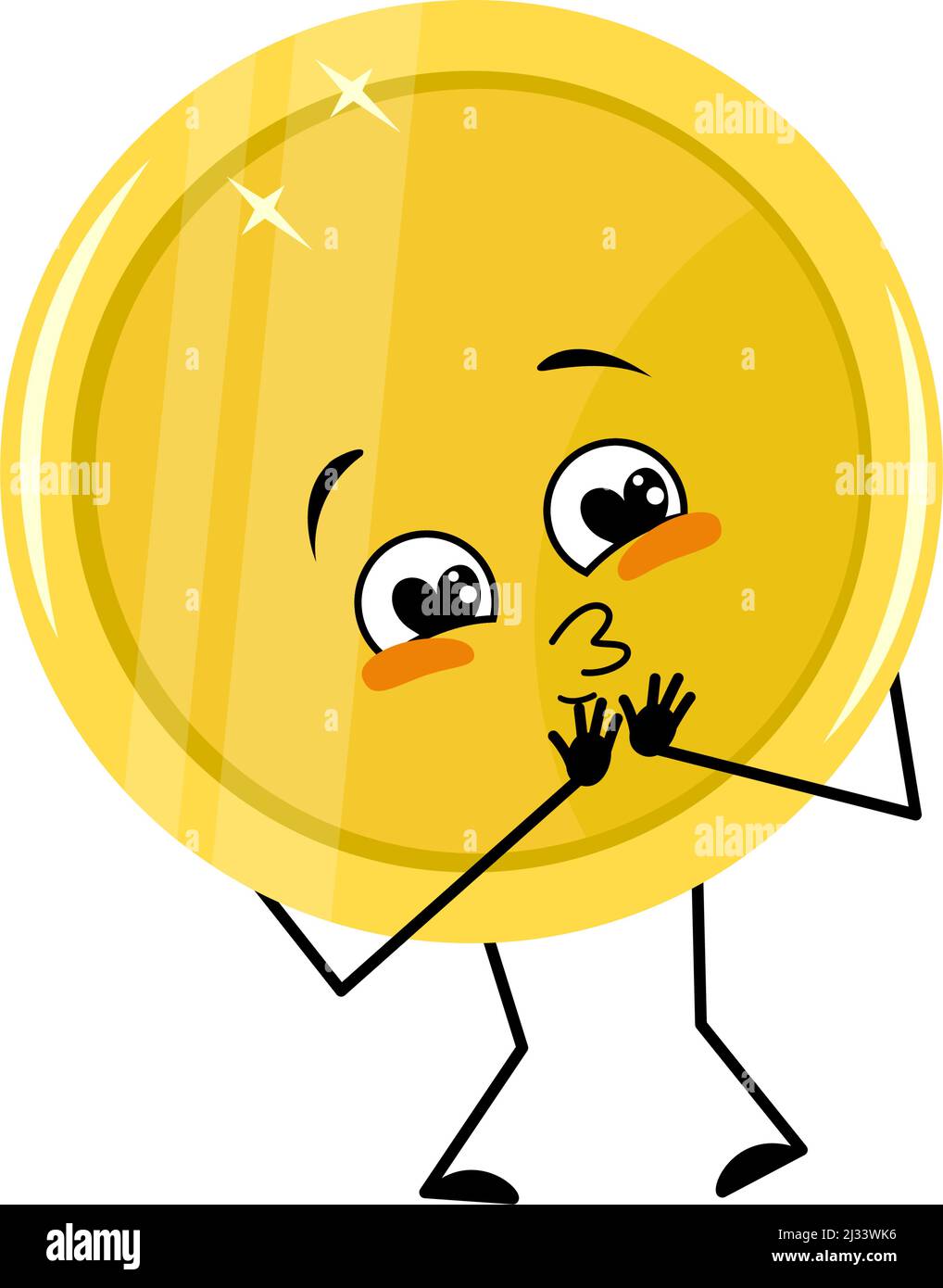 Simpatico personaggio a moneta d'oro con emozioni d'amore, volto felice, sorriso, braccia e gambe. Denaro persona con espressione divertente e posa. Illustrazione piatta vettoriale Illustrazione Vettoriale