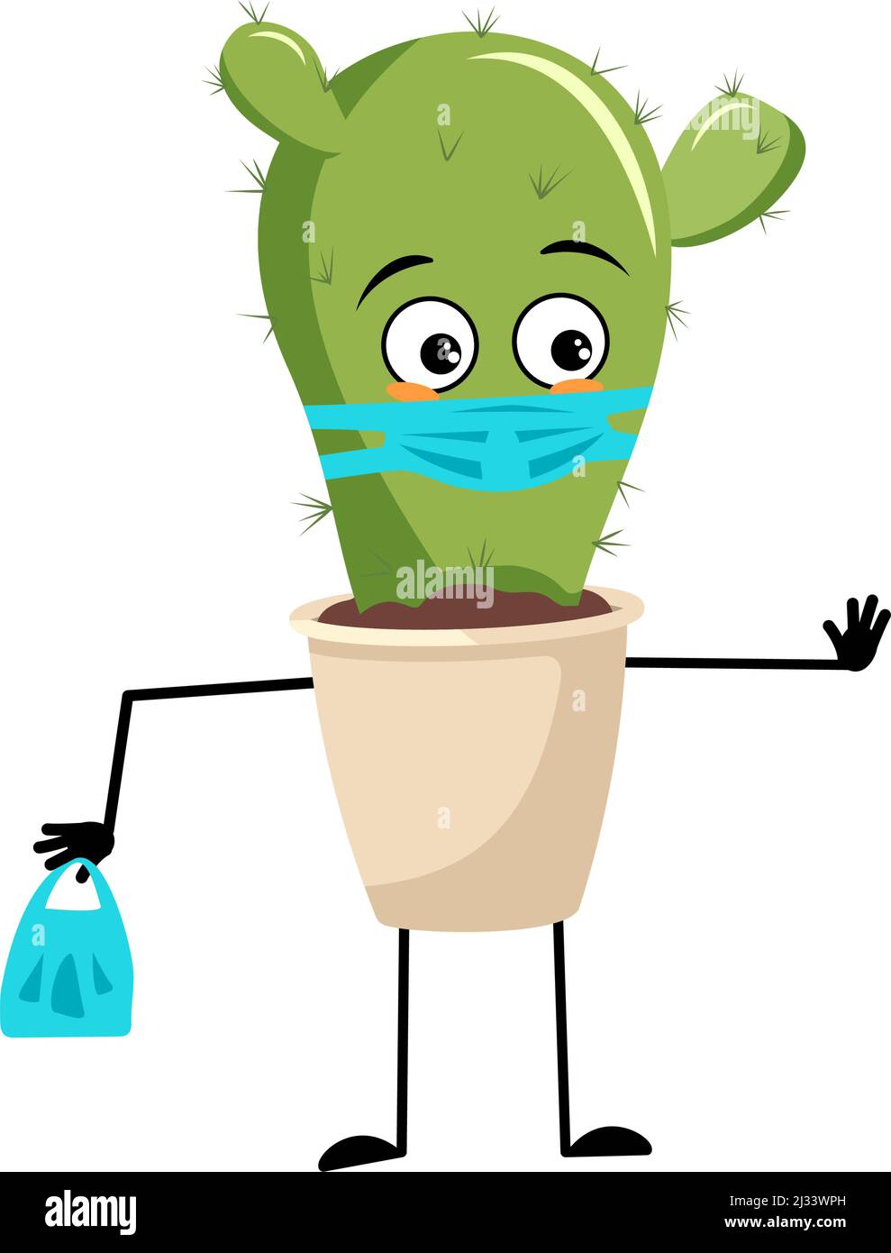 Carino personaggio cactus con emozioni tristi, viso e maschera mantenere la distanza, mani con shopping bag e stop gesture. Houseplant con espressione di cura e posa. Illustrazione piatta vettoriale Illustrazione Vettoriale