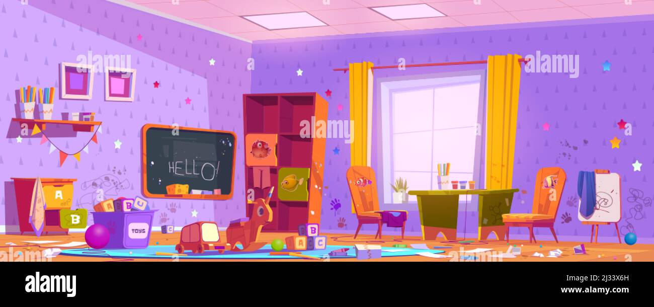 Camera disordinata in asilo con disegni su mobili e pareti, ammasso e spazzatura. Vector Cartoon interno della sala giochi per bambini con lavagna sporca, de Illustrazione Vettoriale