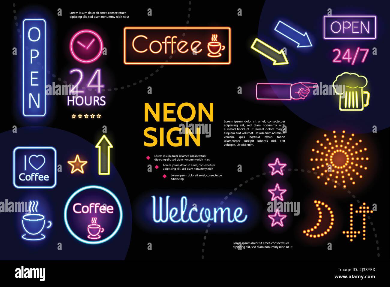 Composizione di insegne pubblicitarie al neon illuminate con iscrizioni elettriche cornici colorate frecce caffè tazze birra vetro stelle che indicano la mano isolato Illustrazione Vettoriale