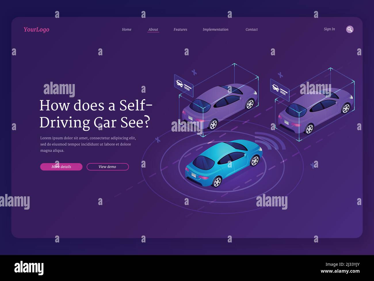 Pagina di atterraggio isometrica dell'auto a guida autonoma. Veicolo autonomo con tecnologie scanner e radar, sistema di trasporto automatico, dri intelligente futuristico Illustrazione Vettoriale