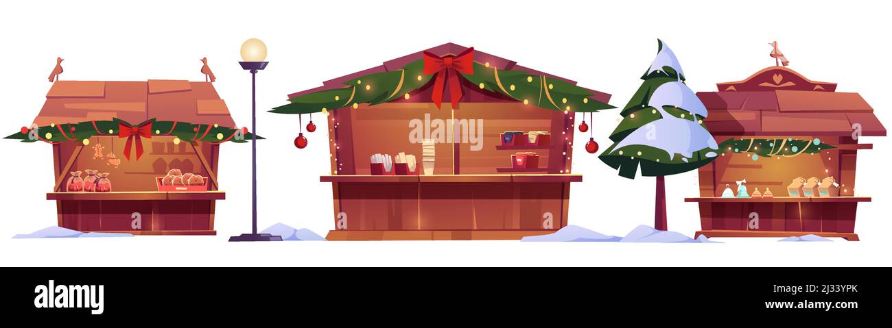 Bancarelle del mercatino di Natale, bancarelle di legno della fiera di strada decorate con rami di abeti, archi e ghirlande illuminanti. Chioschi invernali con dolci tradizionali Illustrazione Vettoriale