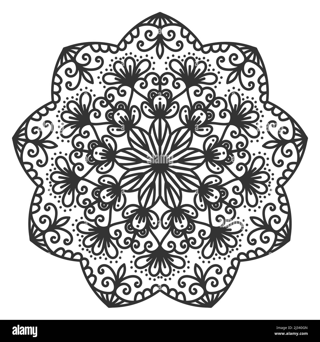 Mandala floreale rotonda. Ornamento circolare in stile orientale. Tatuaggio all'henné, mehndi. Motivo decorativo per tatuaggio, logo etichetta. Illustrazione Vettoriale