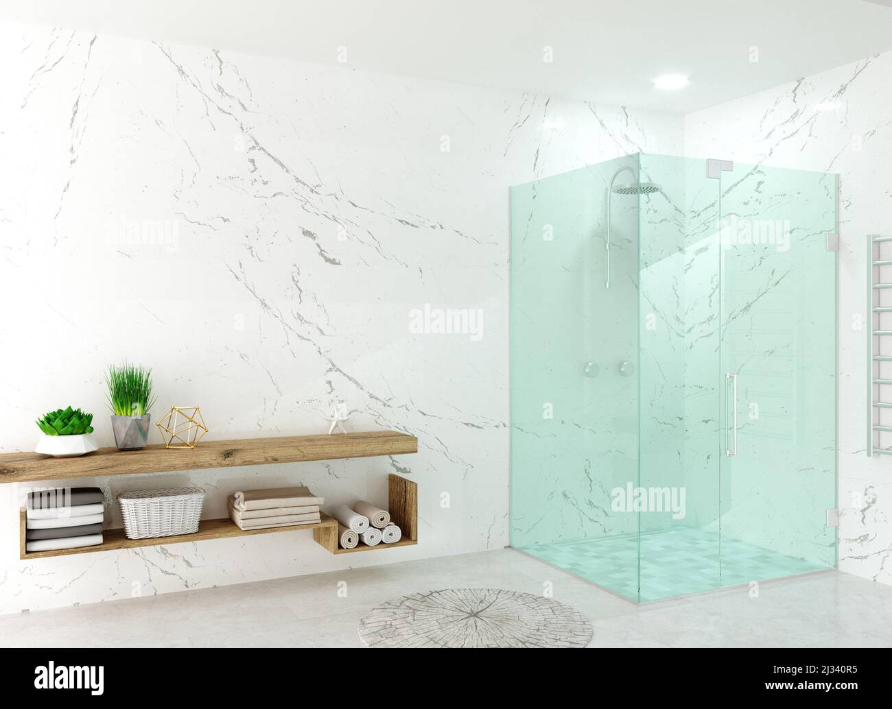 Moderno bagno con doccia in vetro bianco e LED Foto Stock