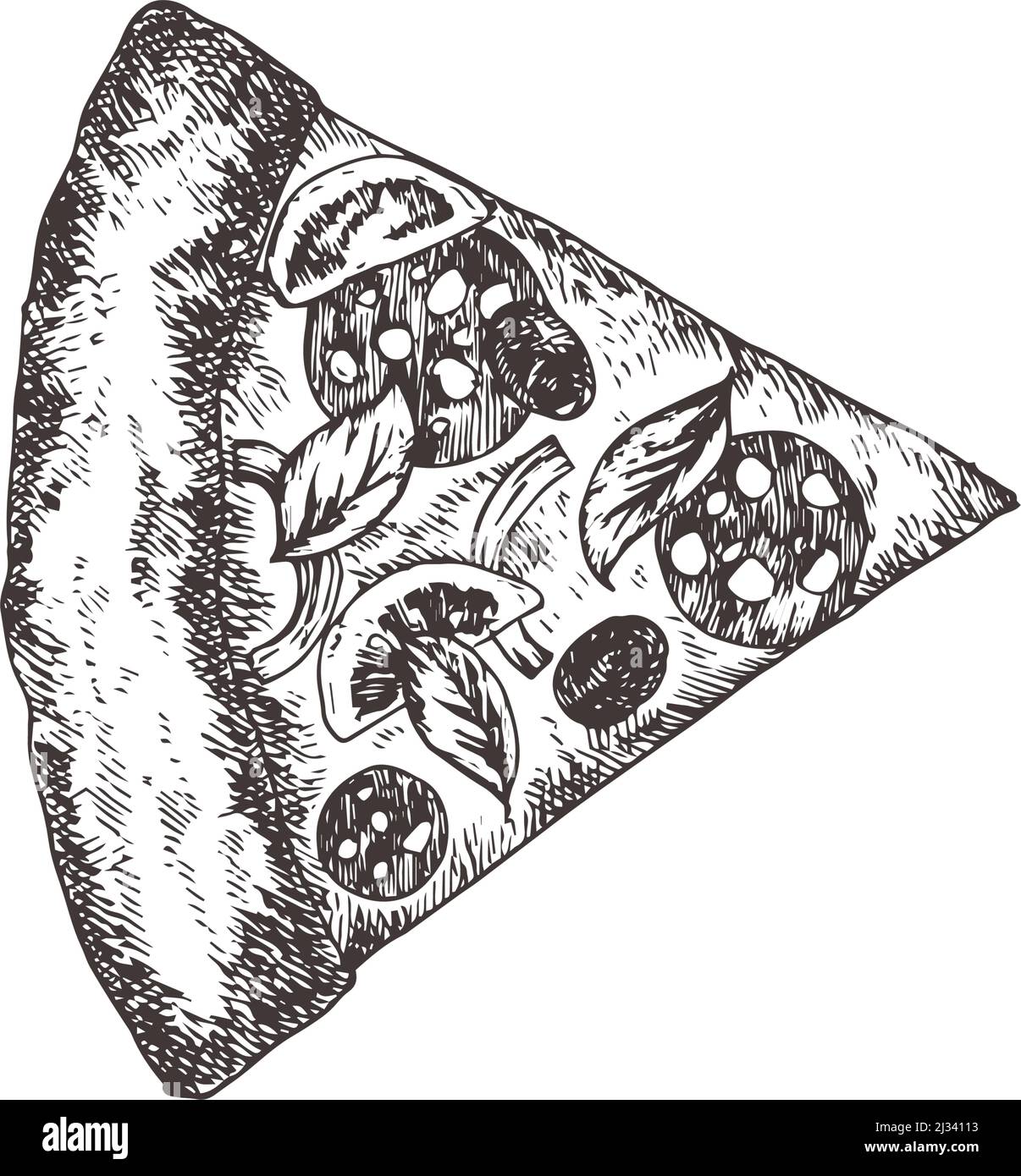 Pezzo di pizza con salsiccia di salame. Illustrazione del vettore alimentare dello schizzo disegnato a mano. Cucina italiana naturale Doodle isolato Illustrazione Vettoriale