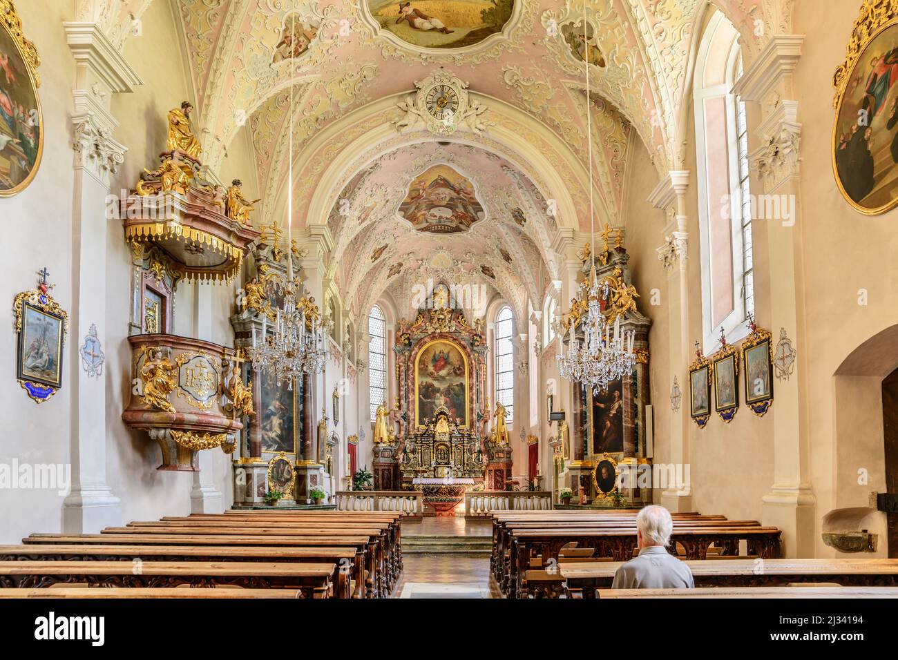 Veduta interna della chiesa di pellegrinaggio di Maria Schnee, Maria Luggau, Lesachtal, Alpi Carniche, Carinzia, Austria Foto Stock