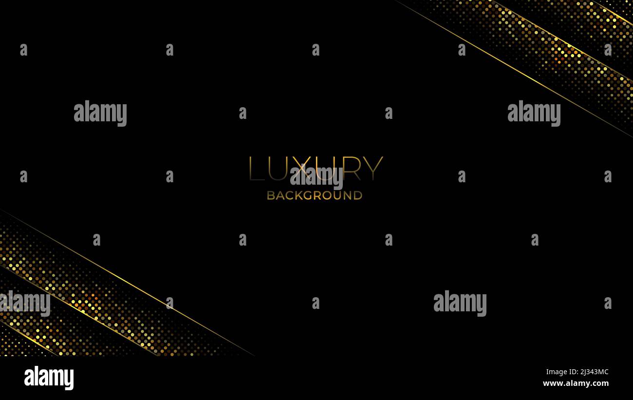 Sfondo di lusso astratto. Sfondo nero con luccicanti e dorati. Linee dorate diagonali. Forme inclinate. Cornice decorativa per striscioni o pos Illustrazione Vettoriale